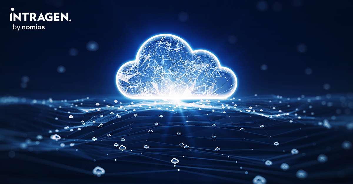 A light blue computerised cloud, with miniature versions of the cloud in the foreground, on a dark blue background