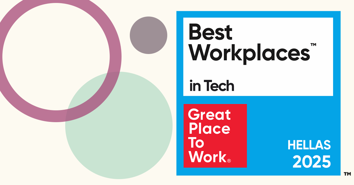 cream background with a light purple outline of a circle overlapping green circle and a darker purple circle just above, to the right of these is the Best Workplace in Tech GR award logo