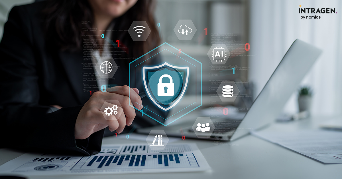 a woman working on a laptop while looking at a chart sheet with an overlay of digital symbols 
