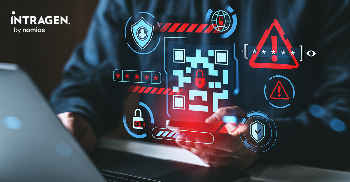 A man trying to access a computer but being denied with holographic imagery showing this