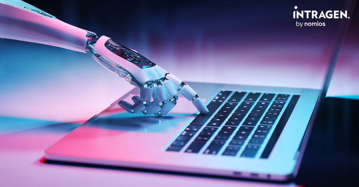 Robot operating a laptop with a dark black and purple background