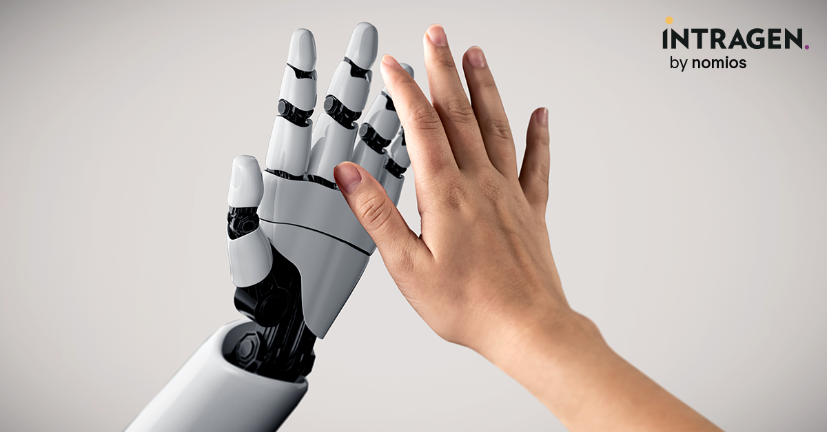 A robot hand and a human hand reaching towards each other to give a high five with a blank background